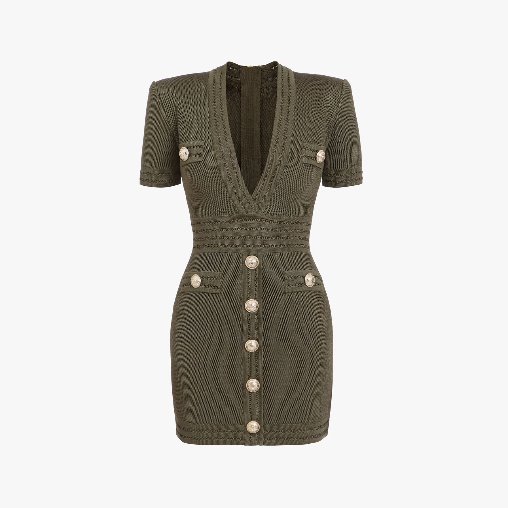 Short olive knit dress with gold-tone buttons