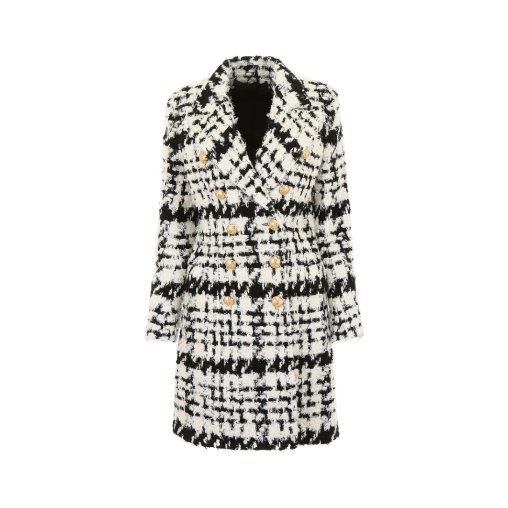 Double-breasted black and white check tweed coat