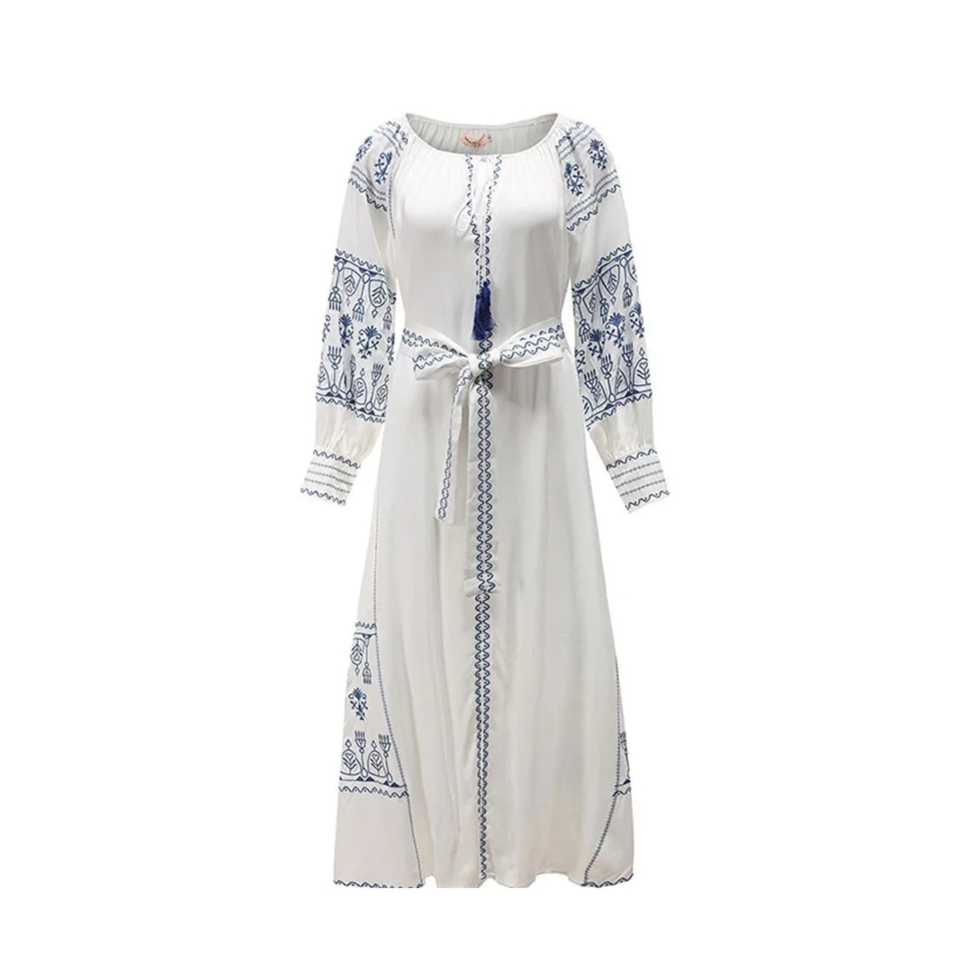 White Dress with Blue Embroidery