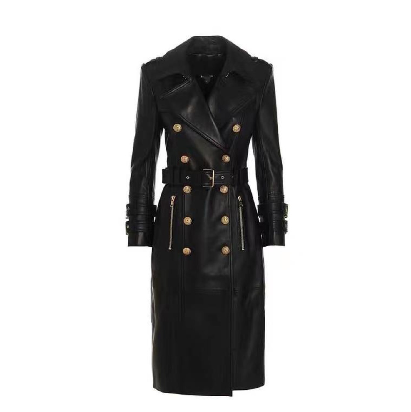 Leather trench coat with gold botten